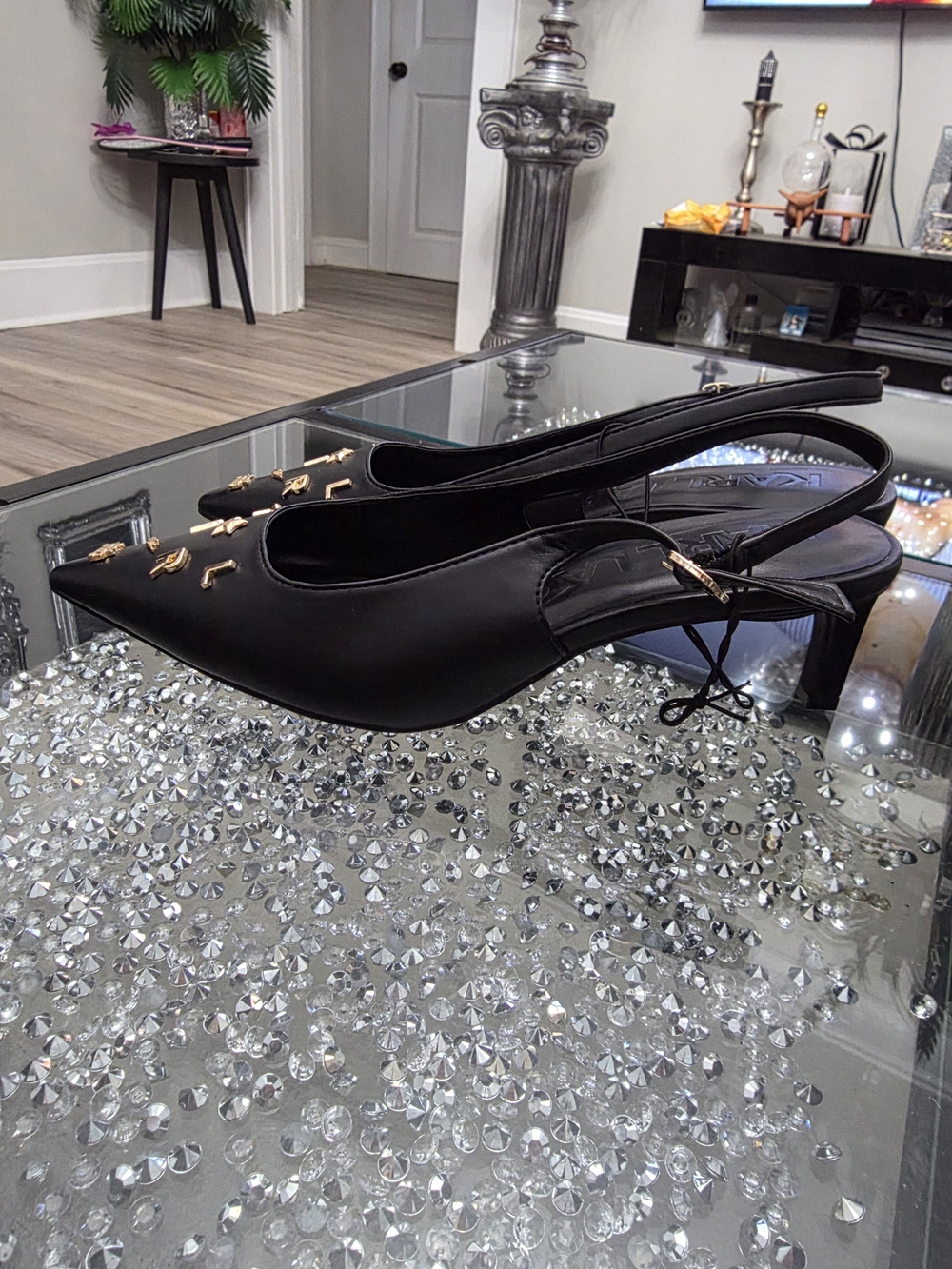 Black Pointed Slingback Heels with Gold Accent